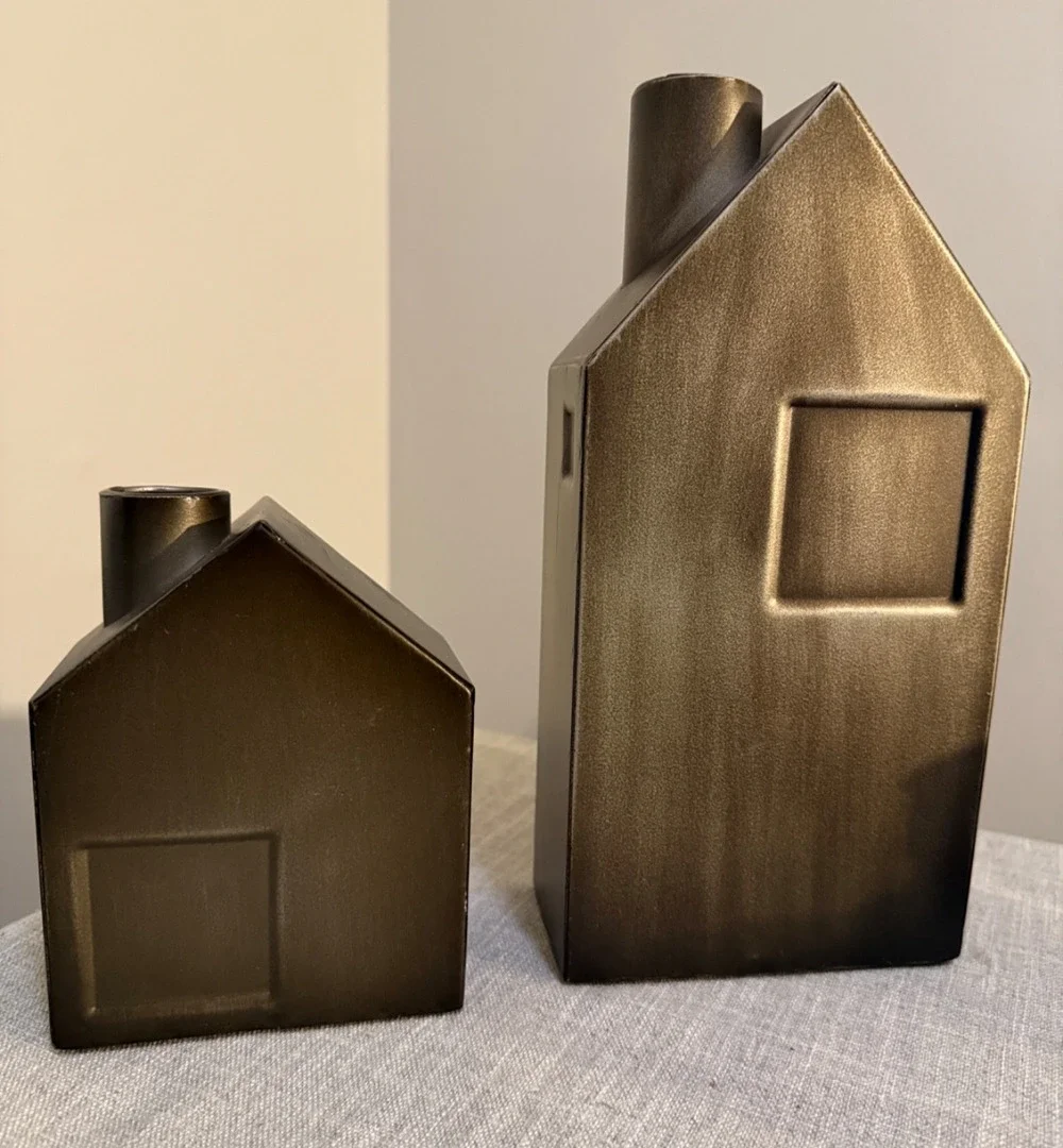 🏠 Set of 2 Metal House Candle Holders Bronze Finish Modern Decor 🕯️